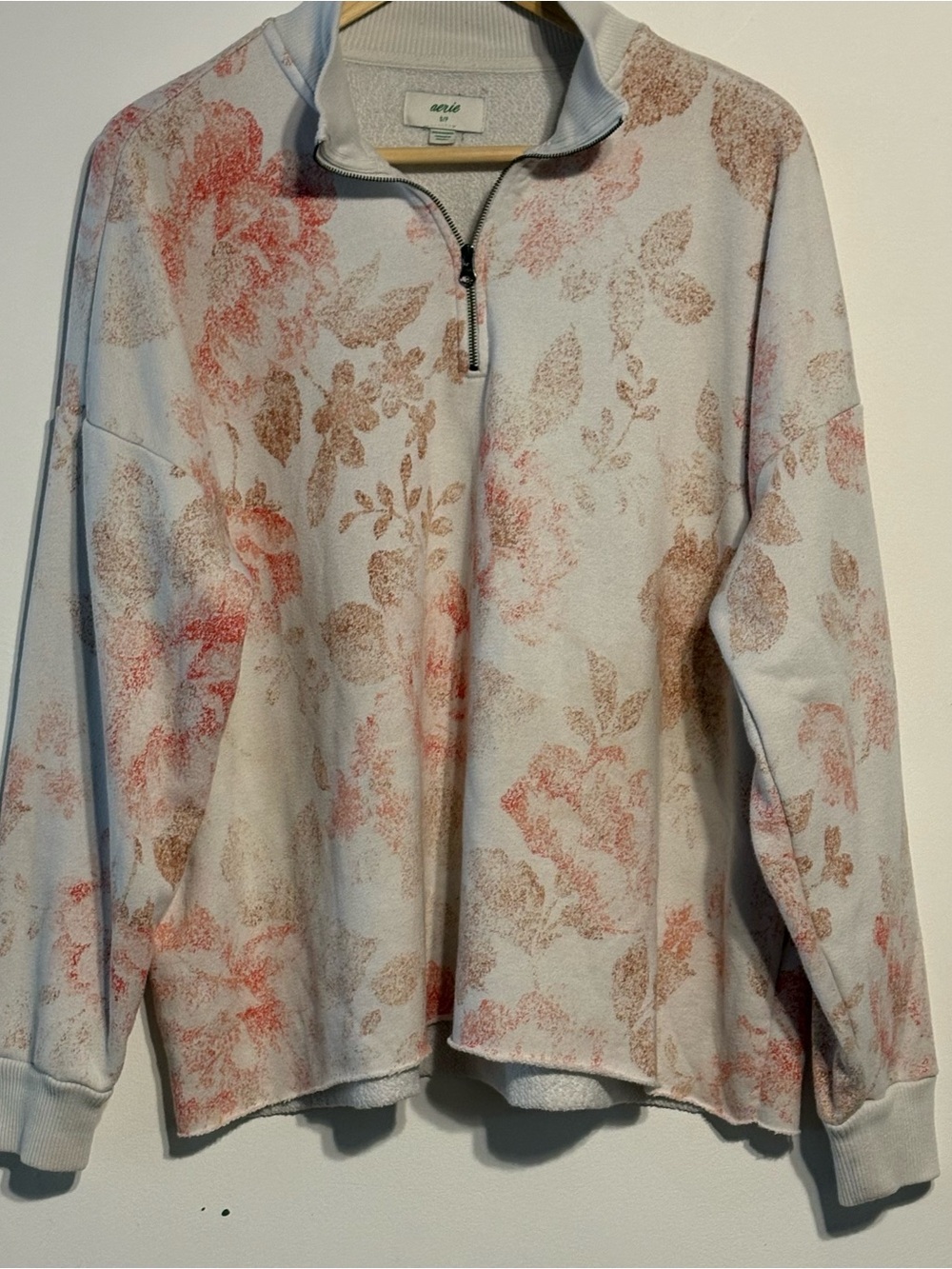 Aerie Ivory and Pink Floral print Quarter Zip Sweatshirt Small